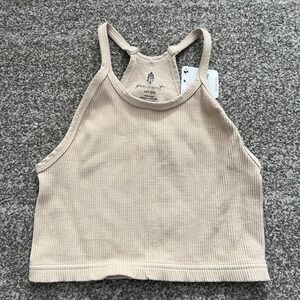 FP Movement Happiness Runs Ribbed Crop Tank Top Beige Rib Athletic Women XS S
